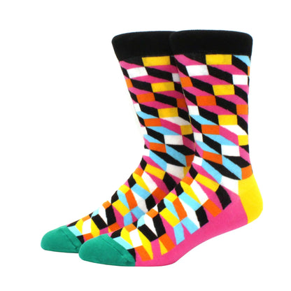 Men’s Funny Argyle Diamond Pattern Cotton Socks – Large Size 3D Geometric Crew Tube Socks, Combed Cotton Casual Novelty Socks
