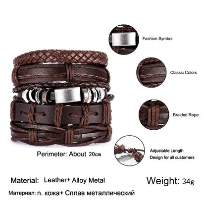 Men's Vintage Multilayer Leather Braid Bracelet - Handmade Star, Leaf & Owl Rope Wrap Bangle, Male Gift Jewelry
