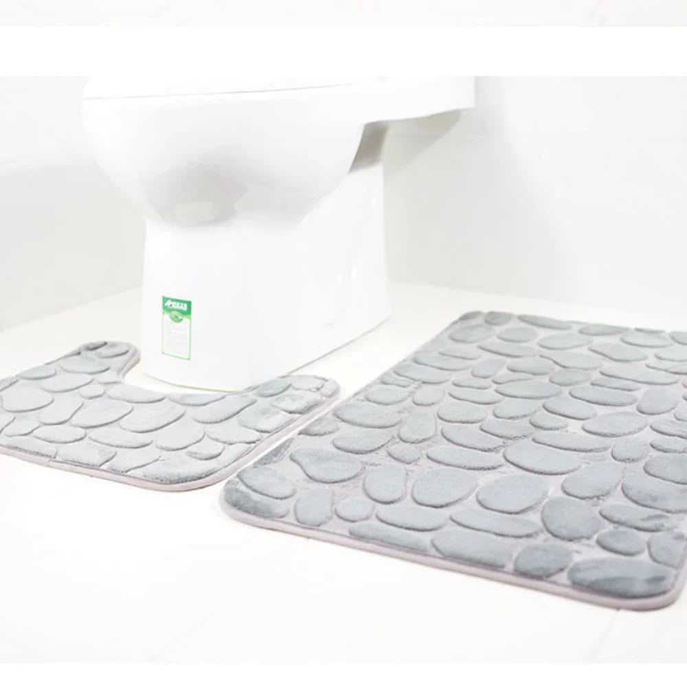 2PC Set Funnel Cobblestone Anti-Slip Bathroom Mat - Toilet Rug, New Bath Mat Set