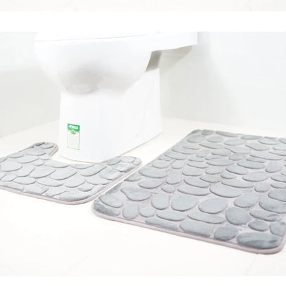 2PC Set Funnel Cobblestone Anti-Slip Bathroom Mat - Toilet Rug, New Bath Mat Set