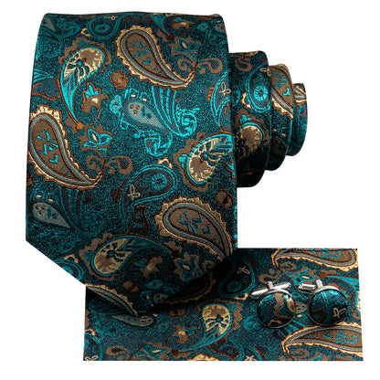 Hi-Tie Luxury Paisley Teal Green Tie Set - Men’s Classic Necktie with Handkerchief & Cufflinks Gift Box for Wedding & Formal Wear