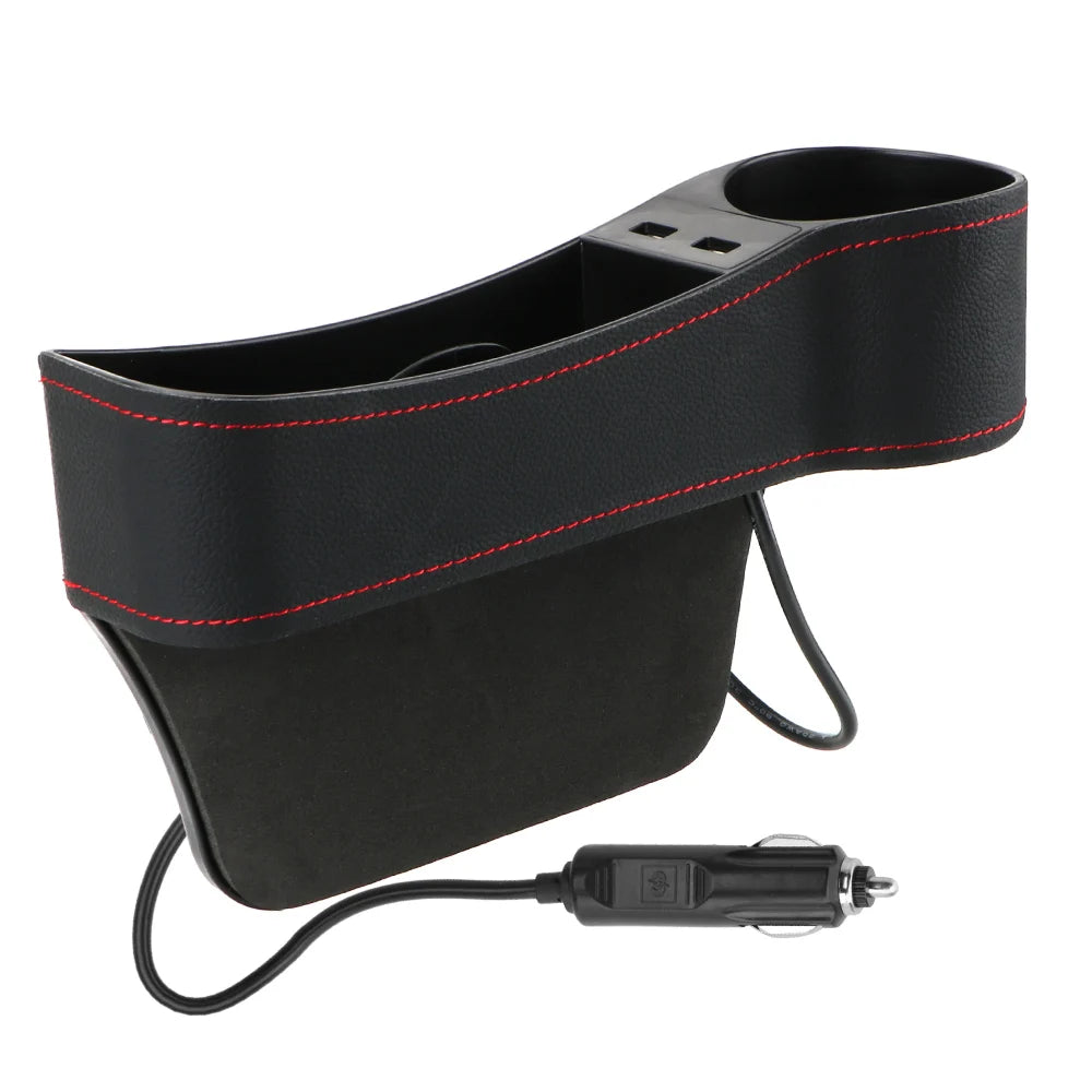 Car Seat Gap Organizer – Leather Auto Crevice Storage Box with Cup & Phone Holder, USB Option