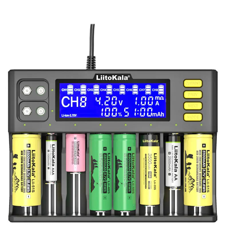 LiitoKala Lii-S12/Lii-S8 Battery Charger – LCD 18650, 21700, 26650, 26700, 20700, 18350, 9V IMR, NiMH/Cd, AA & AAA Rechargeable Batteries