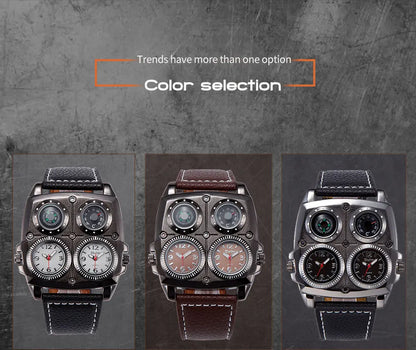 Oulm Men’s Two Time Zone Army Pilot Watch — Large Military Quartz Leather Strap Wristwatch