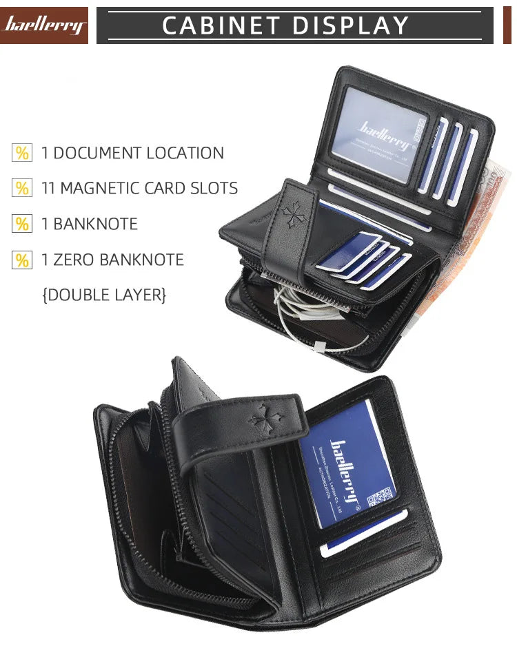 New Business Men’s Wallet — High-Quality PU Leather Zipper Card & Coin Holder, Vintage Male Purse