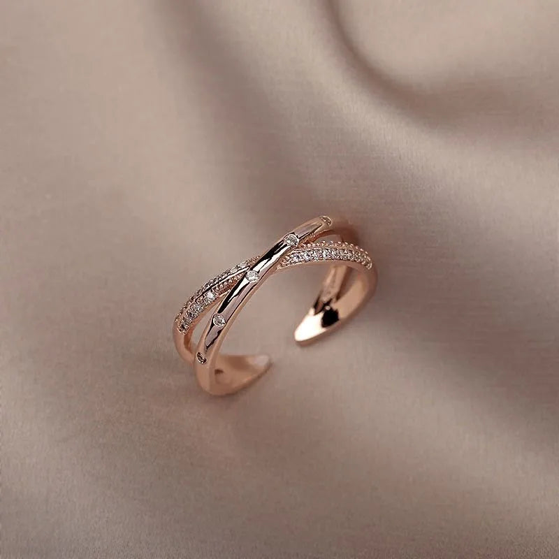 Women’s Rose Gold Zircon Open Ring – Adjustable Light Luxury Fashion Jewelry, Elegant Korean Style Gift Ring