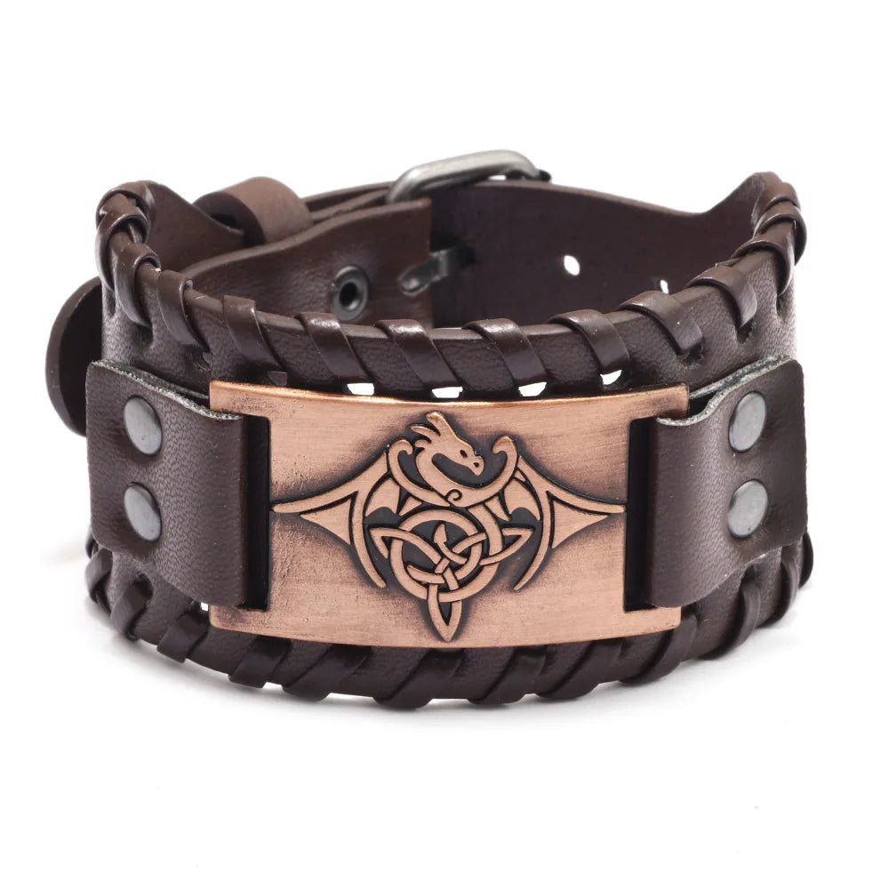 Totem Design Wide Leather Pirate Compass Bracelet - Men's Celtic Viking Jewelry, Party Gift Accessories