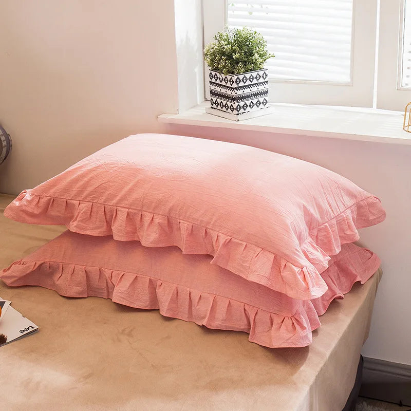 2 Pack 48x74cm Plaid Washed Cotton Pillowcases – Super Soft Ruffled Bedding Covers for Home & Dorm Decor