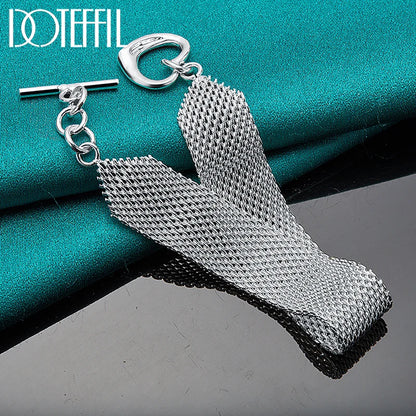 DOTEFFIL 925 Sterling Silver Heart Bracelet – Watchband Style Chain Jewelry for Men & Women