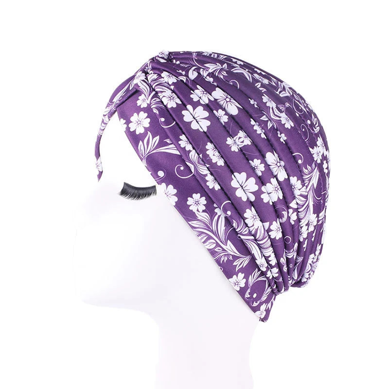 African Print Turban Head Wrap - Soft Stretch Twisted Pleated Beanie Bonnet for Women, Headtie & Chemo Cap