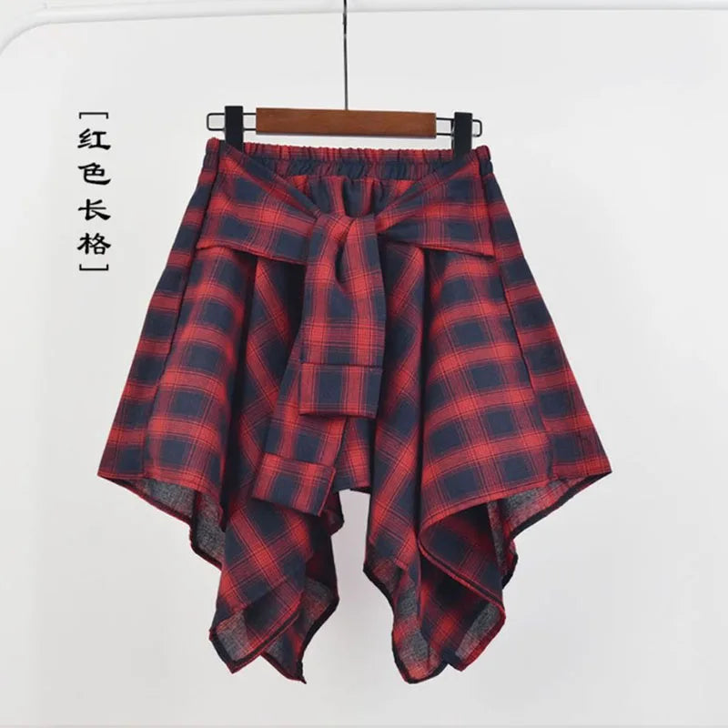 TOTRUST Women’s Fashion Asymmetrical Summer Plaid Mini Skirt – Casual College Style Fake Shirt Design