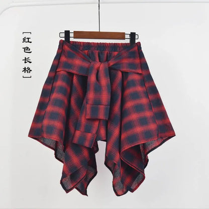 TOTRUST Women’s Fashion Asymmetrical Summer Plaid Mini Skirt – Casual College Style Fake Shirt Design