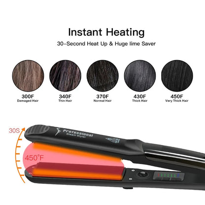 Professional Steam Hair Straightener – Ceramic Vapor Flat Iron, 450℉ Heat with Argan Oil Treatment for Hair Care