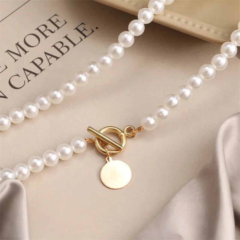 Vintage Pearl Choker Necklace for Women - Wedding Coin Lock Pendant Chain Jewelry & Party Gift