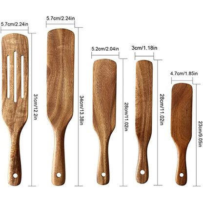 1-7pcs Teak Wood Tableware Set – Natural Wooden Spoons, Colander Spoon & Soup Skimmer Cooking Tool Kit