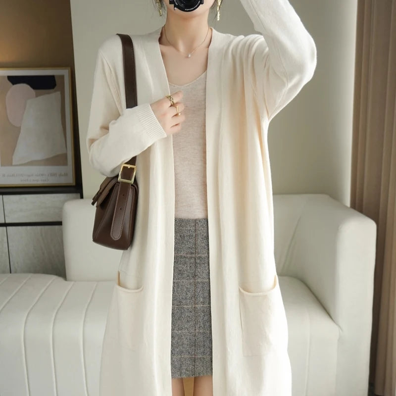 YSC Women’s Knitted Cashmere Wool Blend Cardigan – V-Neck, Long Buttonless Style with Pocket Trim