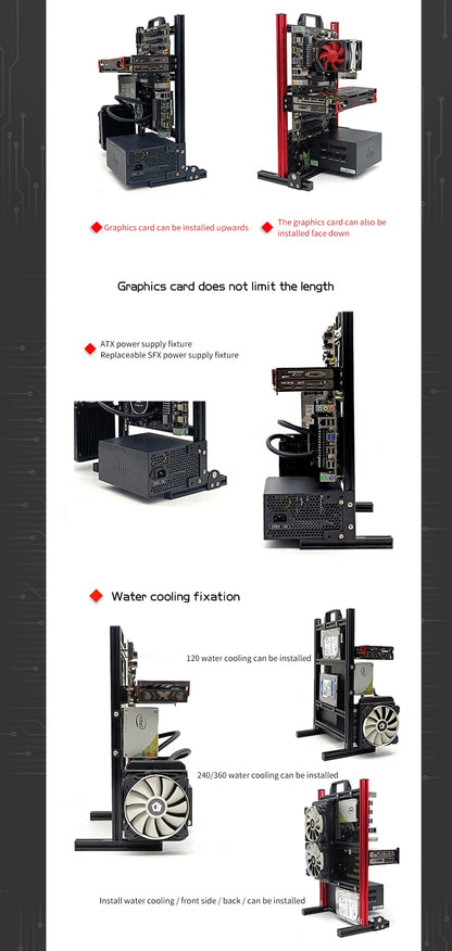 Aluminum Open Frame PC Case – Supports ITX/MATX/ATX Motherboards, Vertical Gaming Cabinet for DIY & Water Cooling Builds