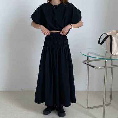 Oversized Summer Women’s 2-Piece Skirt Set – Puff Sleeve Crop Top & Pleated A-Line Long Skirt