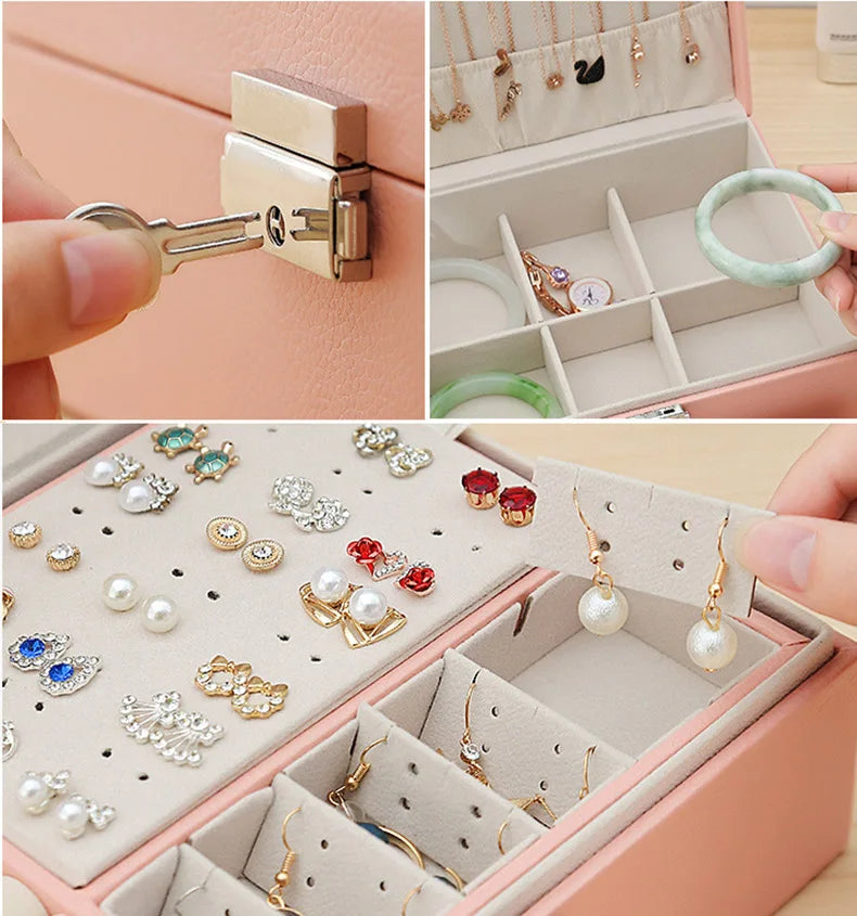 Double-Layer Wooden Jewelry Box – PU Leather Ring & Accessory Organizer with Storage and Makeup Case