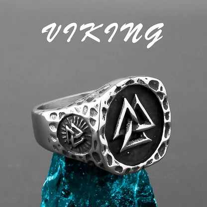 Nordic Viking Stainless Steel Ring - Compass Tree of Life Rune Wolf Amulet Jewelry for Men & Women