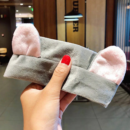 Soft Coral Fleece Bow Headband – Wash Face Hair Holder with Animal Ears for Women & Girls