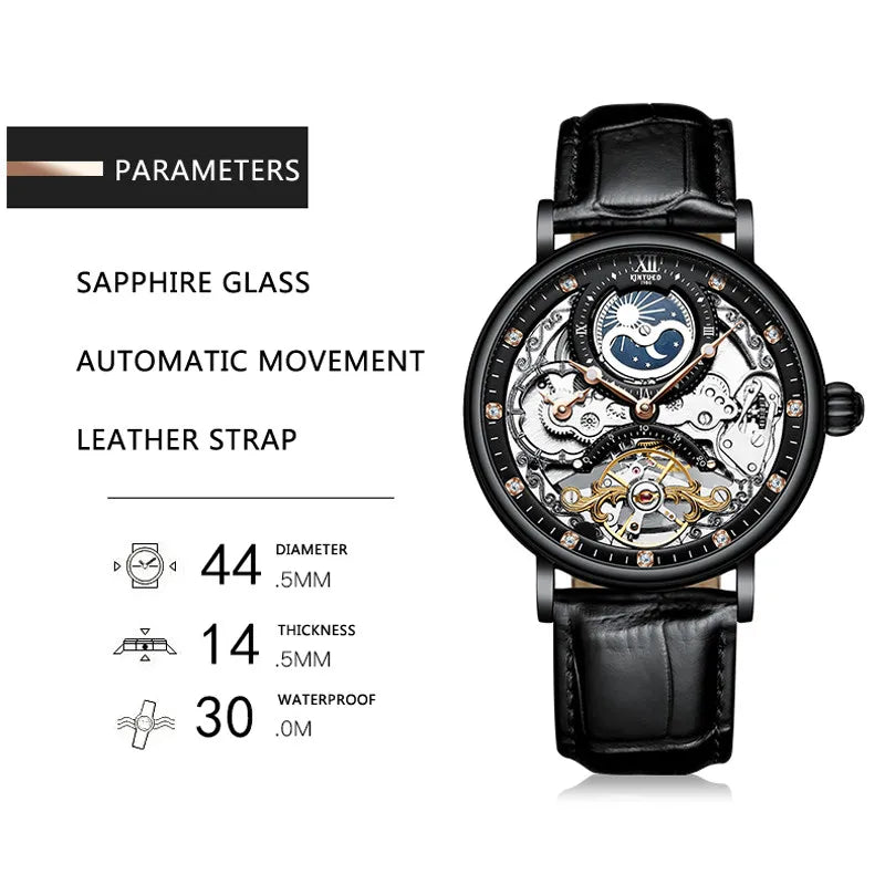KINYUED Men’s Luxury Rose Gold Skeleton Tourbillon Automatic Watch – Waterproof Mechanical Wristwatch