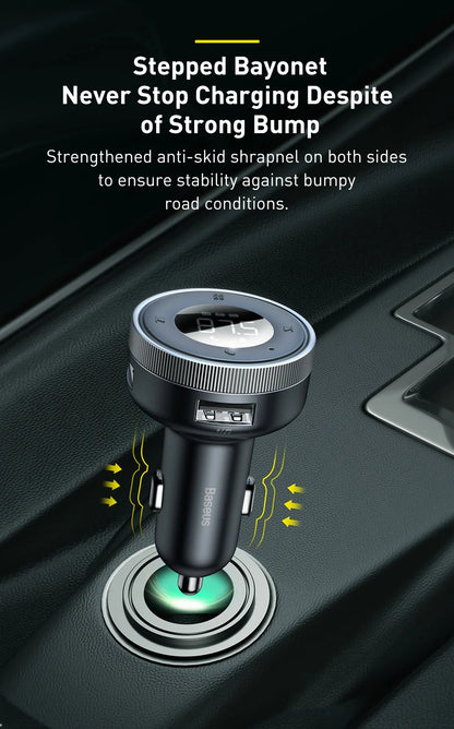 Baseus Bluetooth 5.0 FM Transmitter – Wireless Car Kit with USB Fast Charger, AUX, MP3 Player & Hands-Free Calling