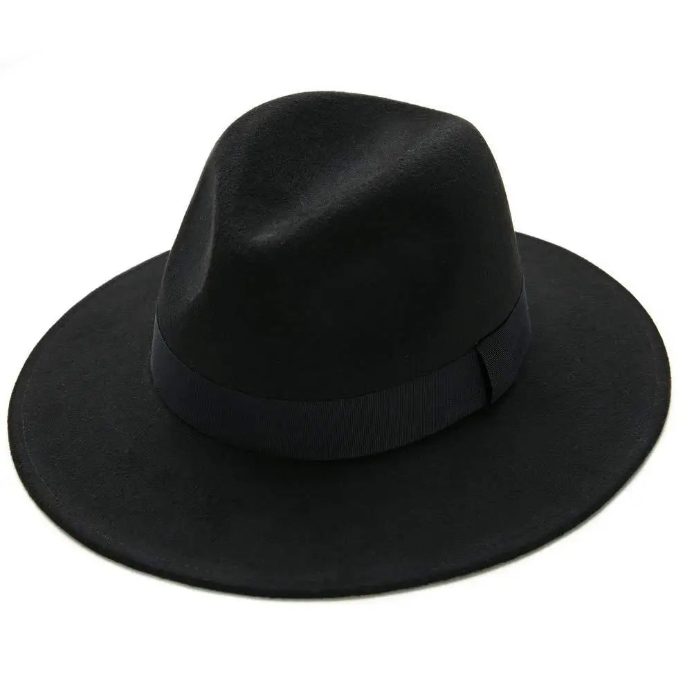 Unisex Black Fedora Hat – Wide Brim Jazz Panama Top Hat for Autumn and Winter – Classic Gentleman Style