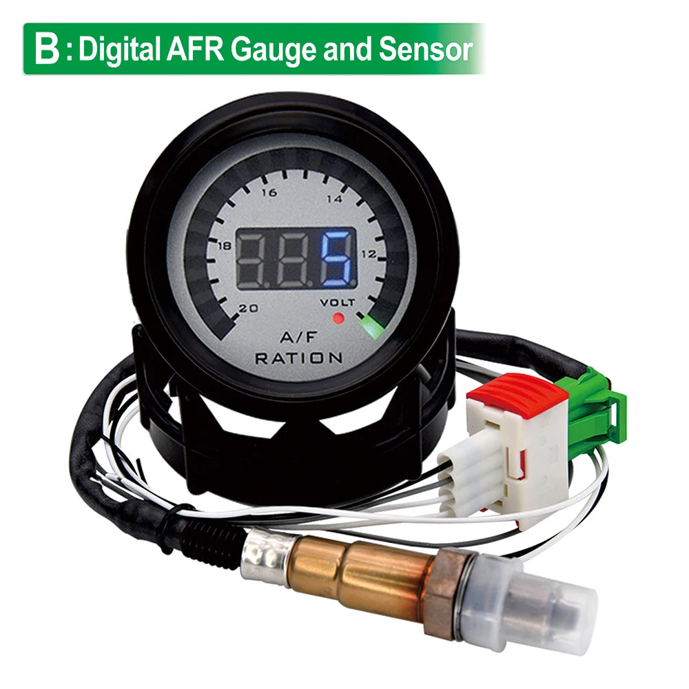 52mm Digital Air Fuel Ratio Gauge — AFR Display with Narrowband O2 Oxygen Sensor 0258006028, Smoked Car Gauge for Gasoline Engines, 12V
