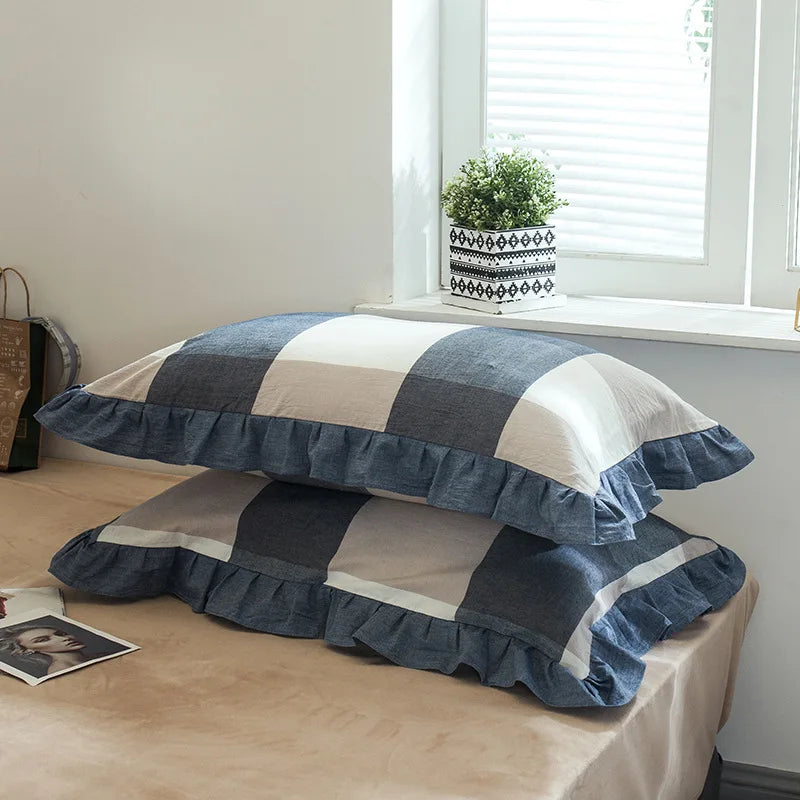 2 Pack 48x74cm Plaid Washed Cotton Pillowcases – Super Soft Ruffled Bedding Covers for Home & Dorm Decor