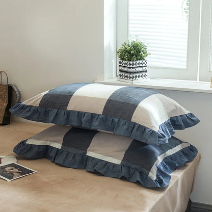 2 Pack 48x74cm Plaid Washed Cotton Pillowcases – Super Soft Ruffled Bedding Covers for Home & Dorm Decor