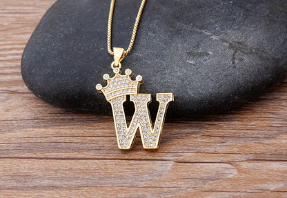 Nidin Luxury A-Z Crown Alphabet Pendant – Copper Zircon Initial Necklace Chain, Hip-Hop Style Jewelry for Men & Women