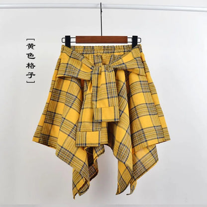 TOTRUST Women’s Fashion Asymmetrical Summer Plaid Mini Skirt – Casual College Style Fake Shirt Design