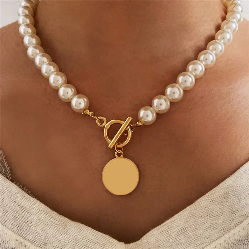 Vintage Pearl Choker Necklace for Women - Wedding Coin Lock Pendant Chain Jewelry & Party Gift