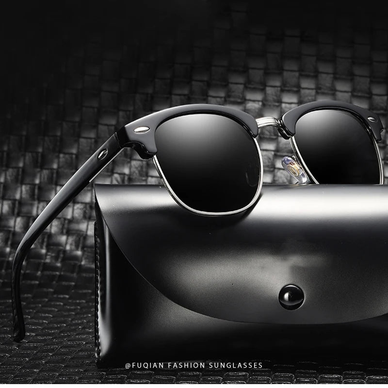 Classic Half Frame Polarized Sunglasses – Retro Rivet Design for Men & Women, Anti-Glare Black Travelling Shades