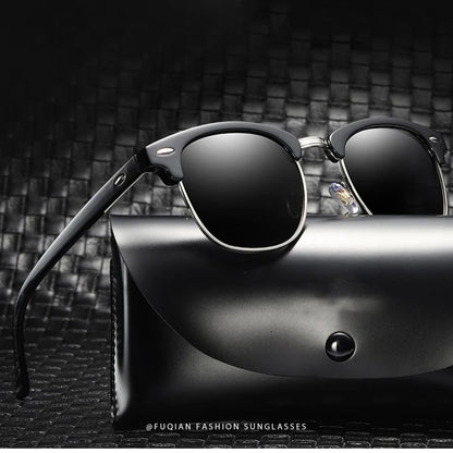 Classic Half Frame Polarized Sunglasses – Retro Rivet Design for Men & Women, Anti-Glare Black Travelling Shades