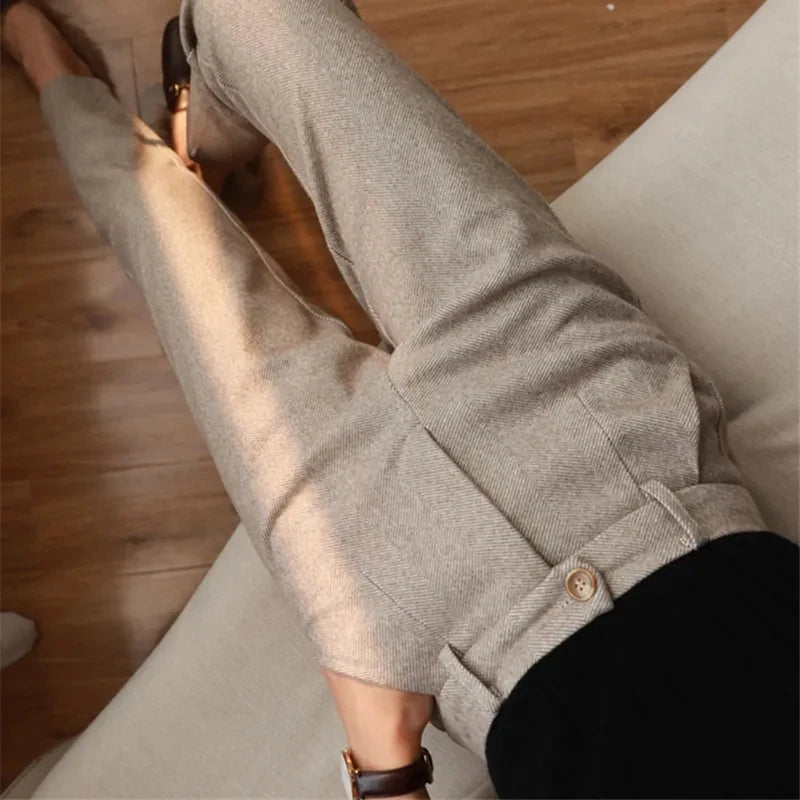 Women's Woolen Harem Pants - High Waisted Casual Pencil Trousers for Autumn/Winter 2024, Ideal for Office and Everyday Wear