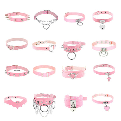 Pink Gothic Collar Necklace – Trendy Rock Leather Heart with Rivets, Harajuku Punk Choker Jewelry for Women, Gift Idea