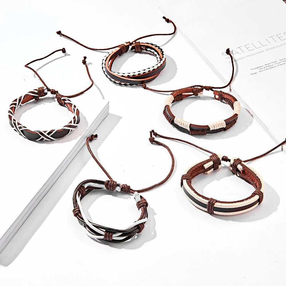 Men's Vintage Multilayer Leather Braid Bracelet - Handmade Star, Leaf & Owl Rope Wrap Bangle, Male Gift Jewelry