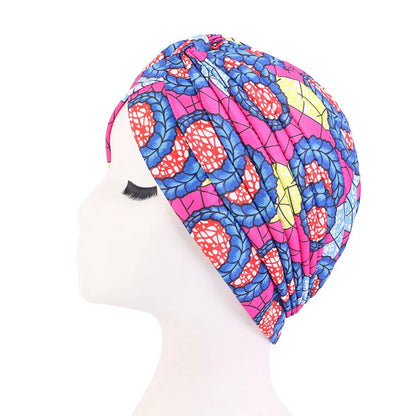 African Print Turban Head Wrap - Soft Stretch Twisted Pleated Beanie Bonnet for Women, Headtie & Chemo Cap