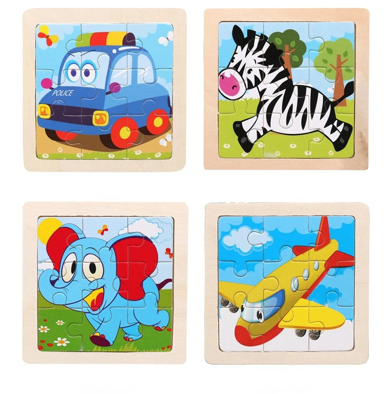 11cm Kids Wooden Jigsaw Puzzle – Cartoon Animal & Vehicle Montessori Educational Toys