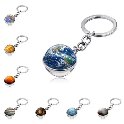 Solar System Planet Keyring — Double-Sided Glass Ball Space Keychain with Moon, Earth, Sun, Mars Galaxy Nebula Art for Car