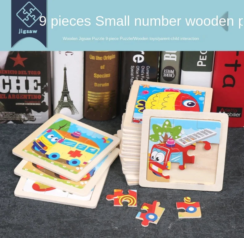 11cm Kids Wooden Jigsaw Puzzle – Cartoon Animal & Vehicle Montessori Educational Toys