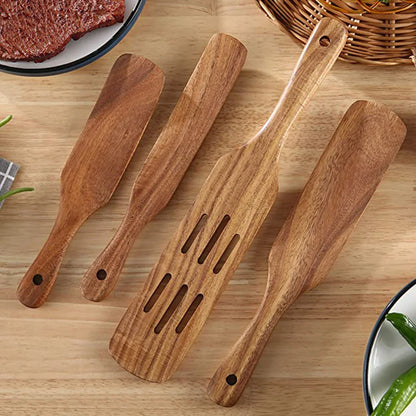 1-7pcs Teak Wood Tableware Set – Natural Wooden Spoons, Colander Spoon & Soup Skimmer Cooking Tool Kit