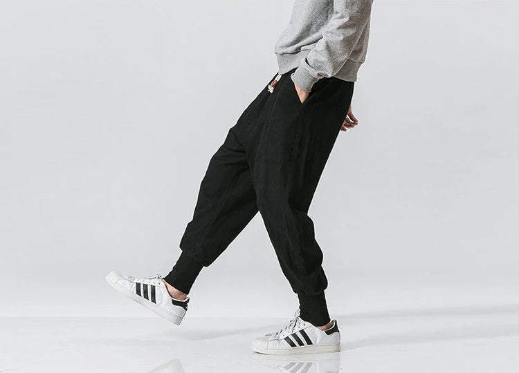 Men’s Cotton Linen Harem Pants – Solid Color Baggy Drop-Crotch Joggers with Elastic Waist Casual Streetwear Trousers