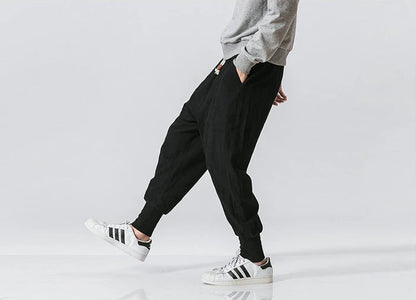 Men’s Cotton Linen Harem Pants – Solid Color Baggy Drop-Crotch Joggers with Elastic Waist Casual Streetwear Trousers