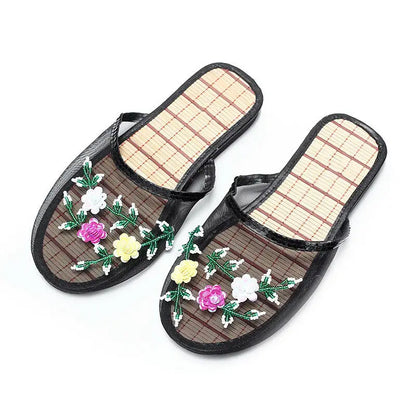 Women’s Sequin Mesh Indoor Slippers – Summer Hollow Flat Beach Flip Flops with Creative Flower Design