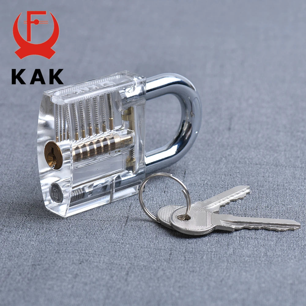 KAK Transparent Practice Padlock Set - Cutaway Training Lock with Broken Key Extractor Hooks and Locksmith Tools