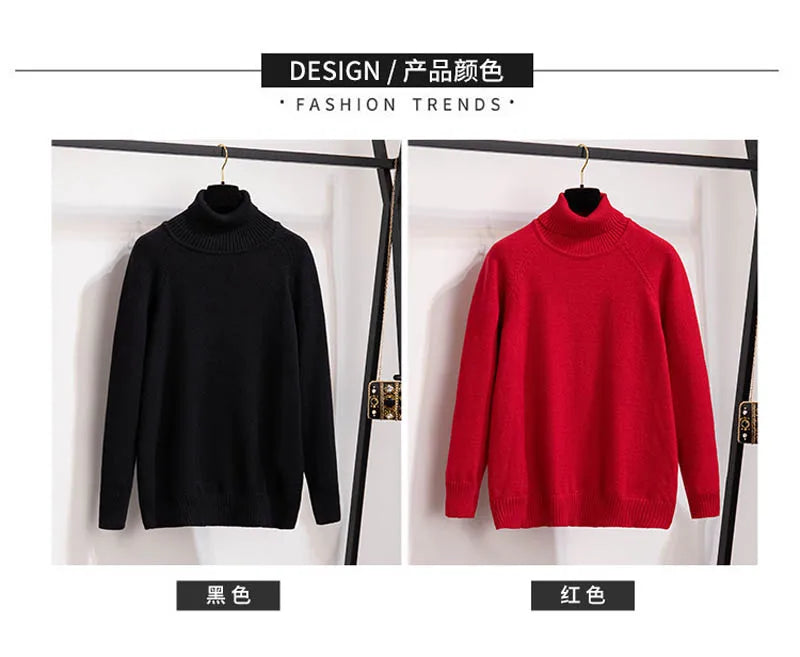 Plus Size 170Kg Women's Turtleneck Knitted Sweater – Loose Fit Pullover, Bust 160cm, Black/Red, 5XL-10XL