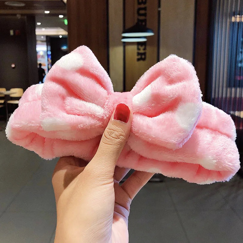Soft Coral Fleece Bow Headband – Wash Face Hair Holder with Animal Ears for Women & Girls